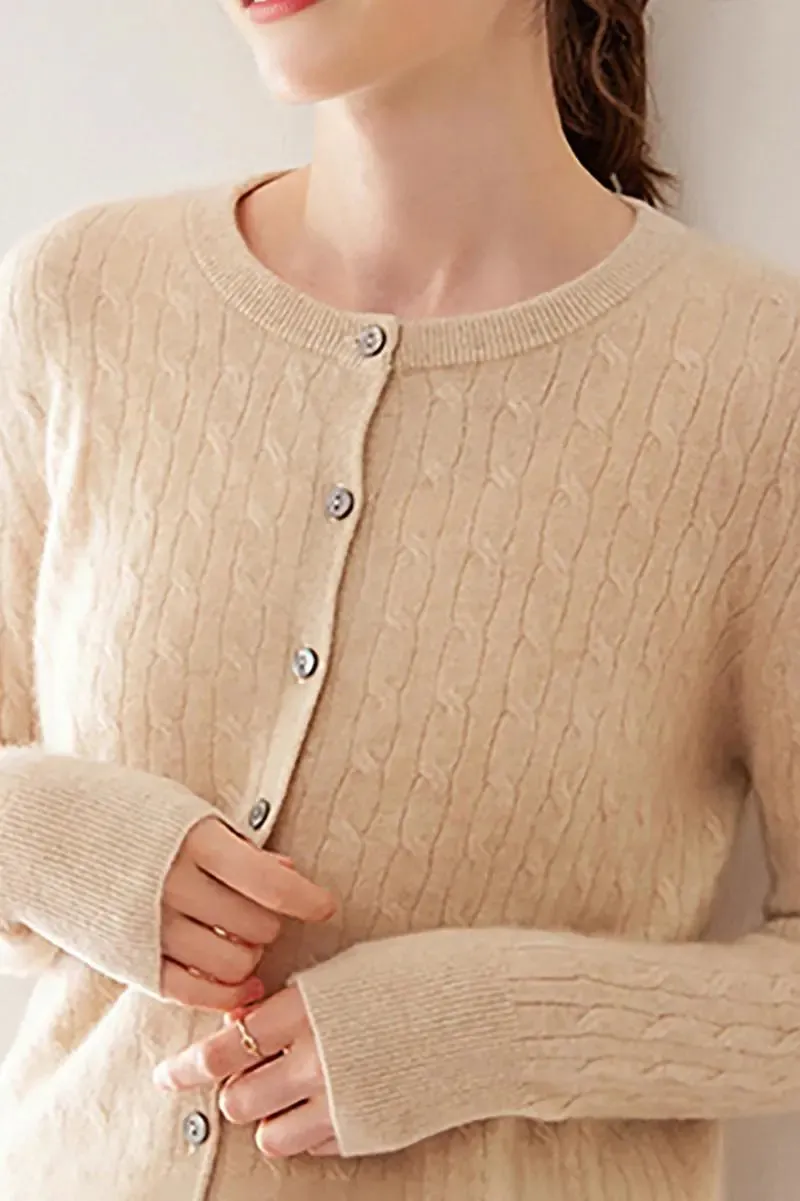 100 Cashmere Cable-Knit Crewneck Cardigan
