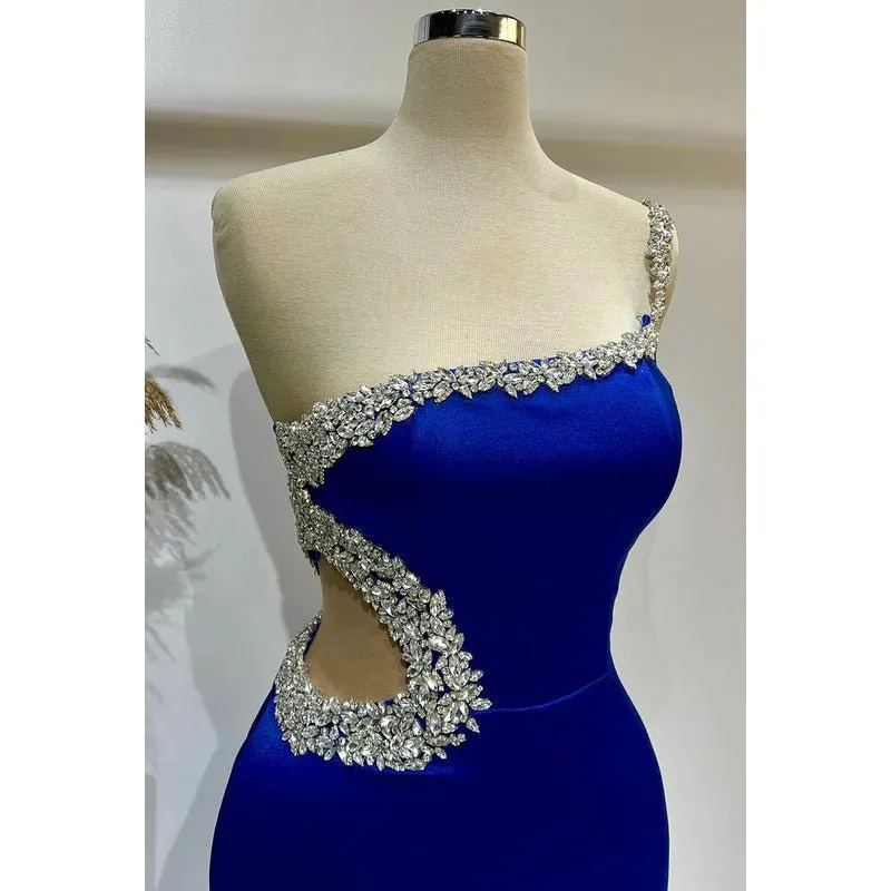 Couture & Ornate One Shoulder Sleeveless Sheath Side Slit Prom Dress With Rhinestones