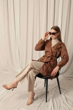 KKT Torino Fabric Liquid Proof Under Hip Length Women's Camel Trench Coat - San Gabriel