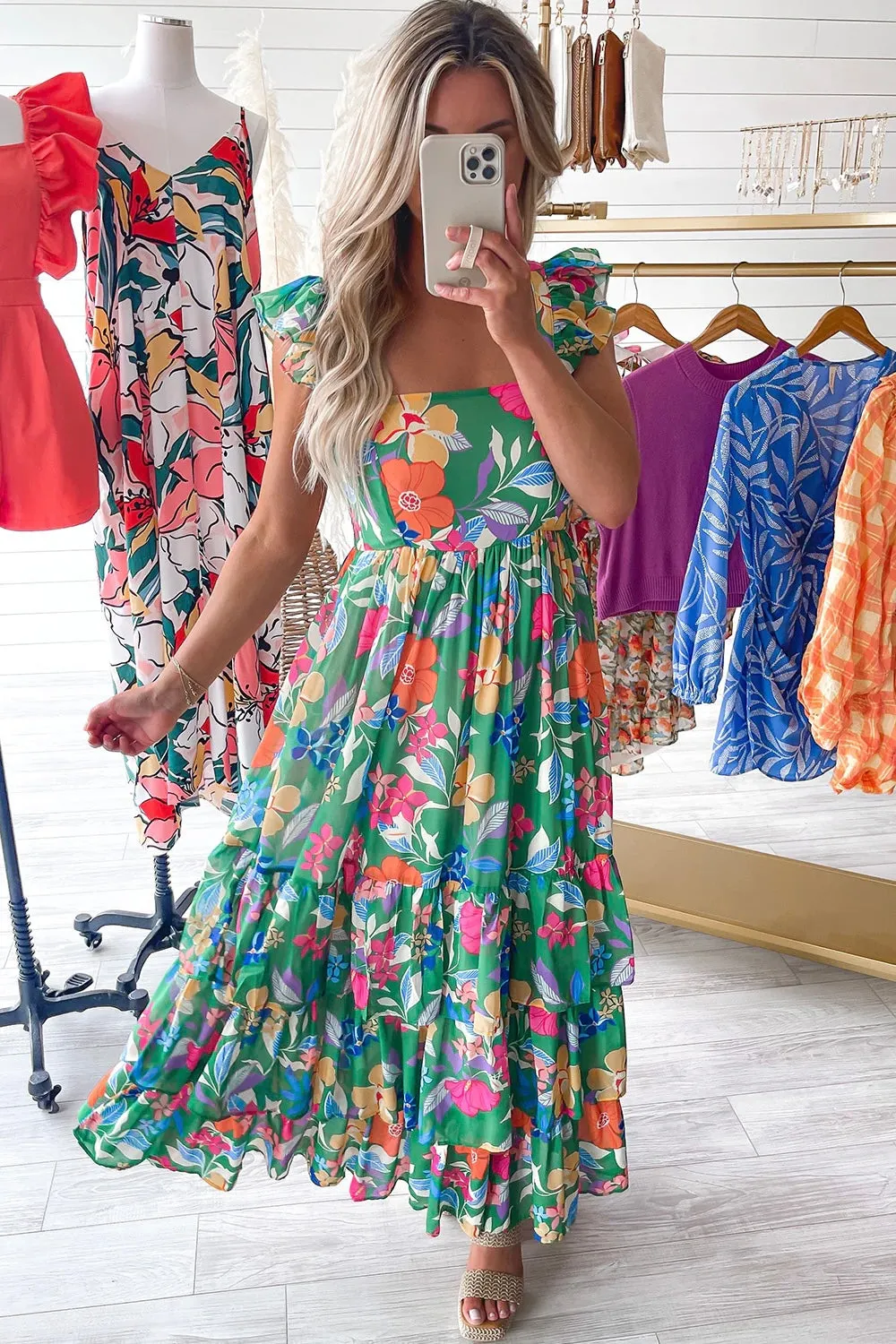 Summer Floral Print Ruffle Sleeveless Tiered Maxi Dress