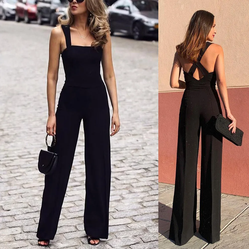 Temperament Commute Wide-leg Pants Straight Mid-waist Backless Black Trousers Thin Jumpsuit