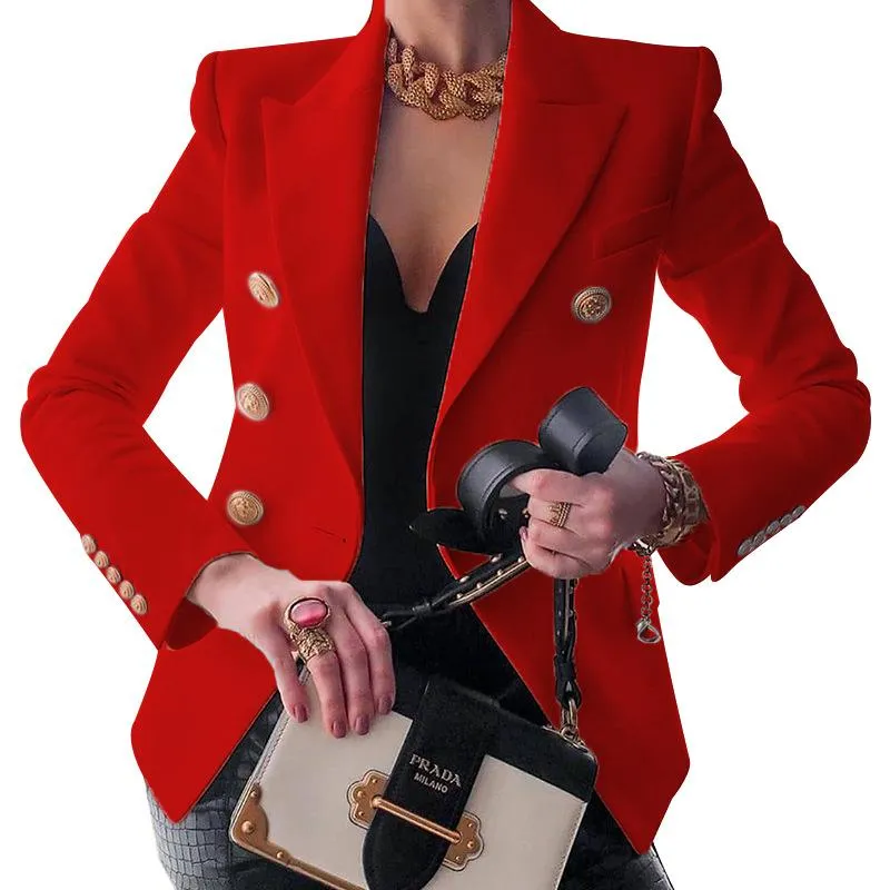 Women suit solid color pockets long sleeve double breasted coat