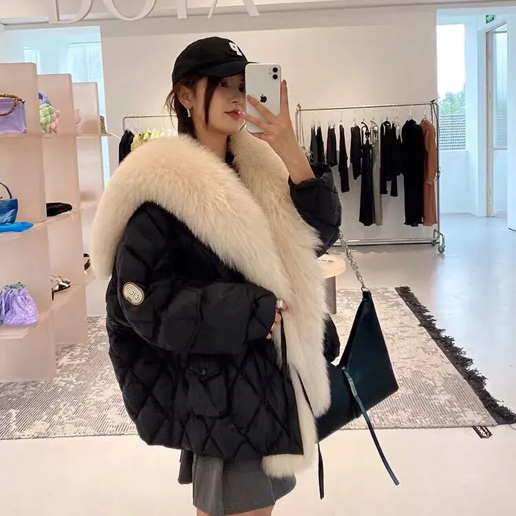 Women Winter Big Luxury Faux Fox Fur Collar Coat Jacket Windproof